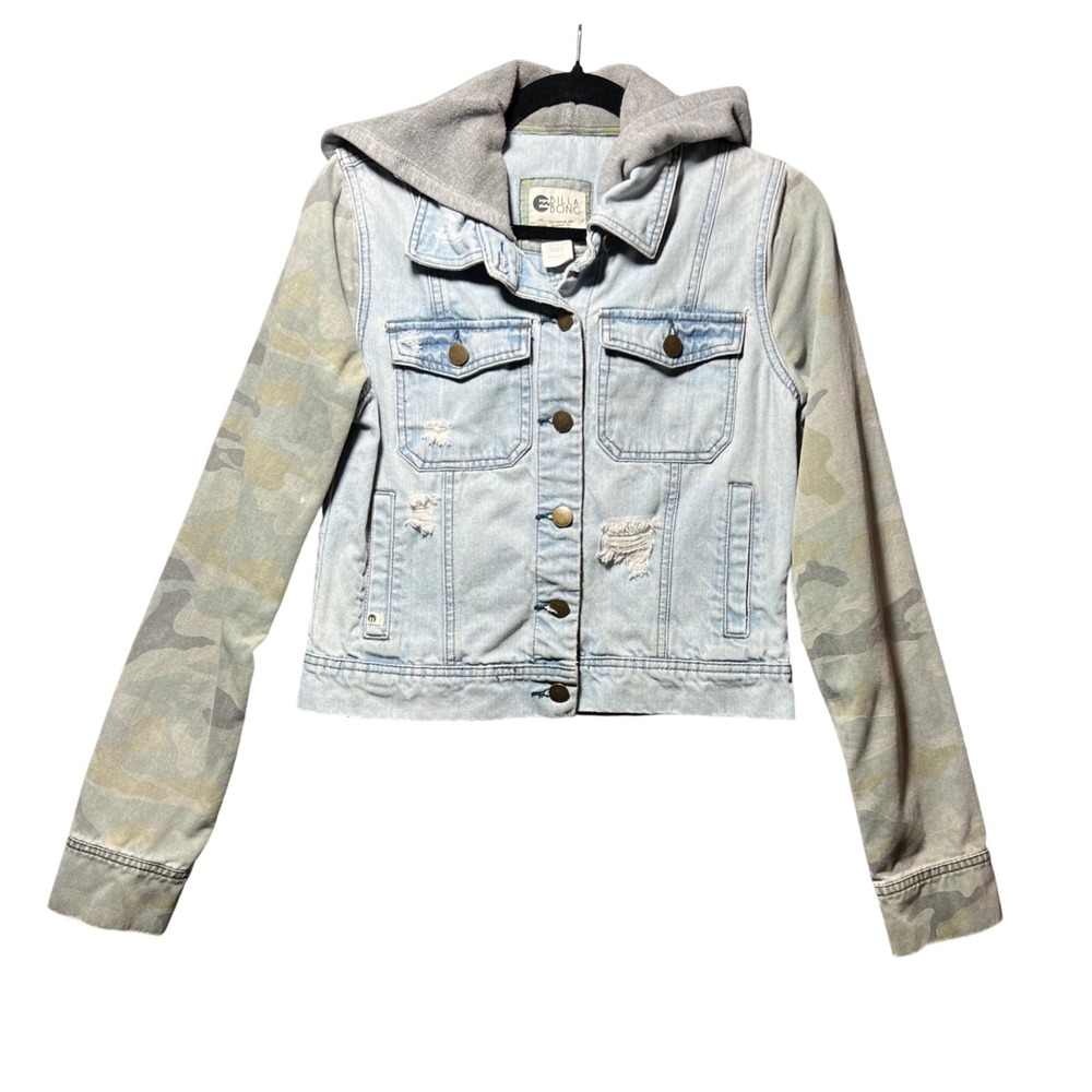 Billabong Womens Denim Jacket Camo Sleeve Hooded Distressed Light Wash Medium